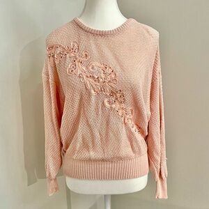 Escada Vintage Pink Knit Sweater Pearl Floral Linen Blend Old Money Size M